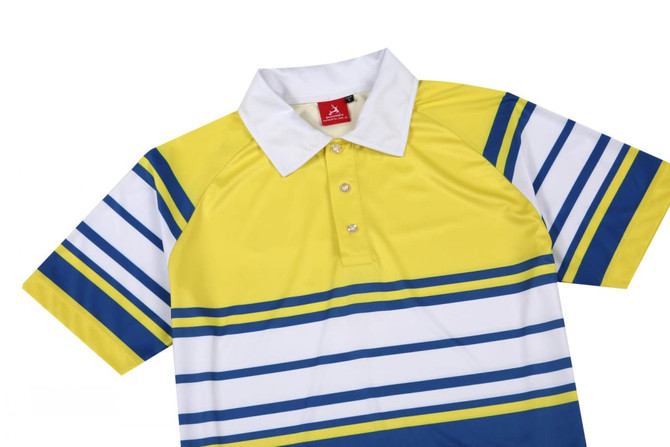 A polo shirt in yellow and white with blue stripes, featuring a collar and a logo tag.