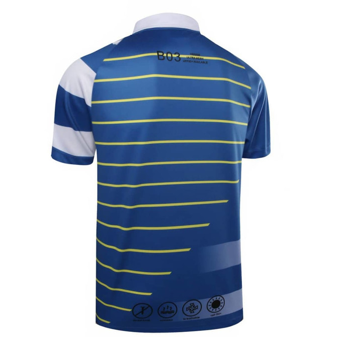 A blue and white polo shirt featuring yellow stripes and a logo. The shirt is made from ultra mesh fabric.