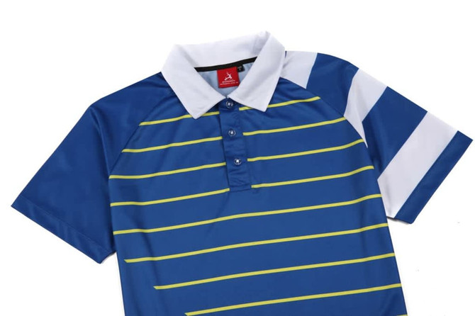 A polo shirt in blue with yellow stripes and white accents, featuring a logo on the collar.