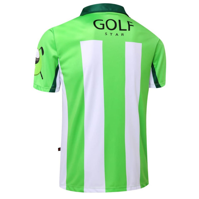 A green and white striped golf shirt featuring a logo on the back and short sleeves.