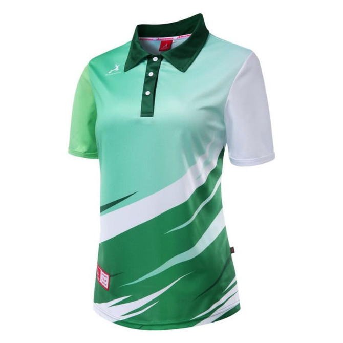 A polo shirt in green and white with a dynamic design, featuring a collar and short sleeves. It includes a logo.
