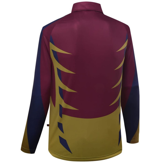 A long-sleeved polo shirt featuring a maroon, navy, and yellow design. It has a collar and a modern pattern on the back.