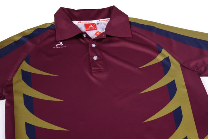 A maroon polo shirt with green and navy design accents. It features a collar and a branded logo.