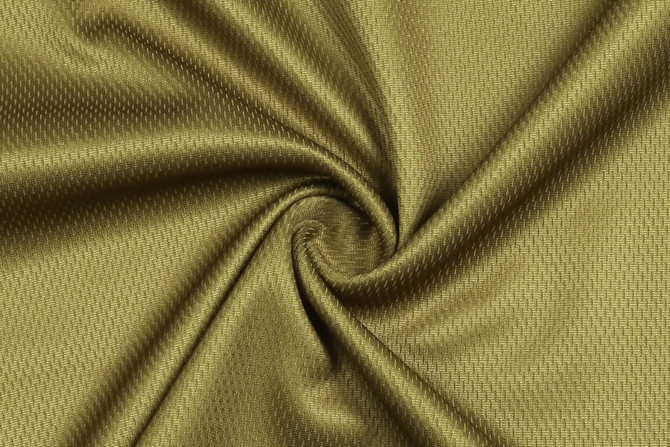 A textured olive green fabric with a swirling pattern, suitable for apparel design. It features a subtle sheen and weave.