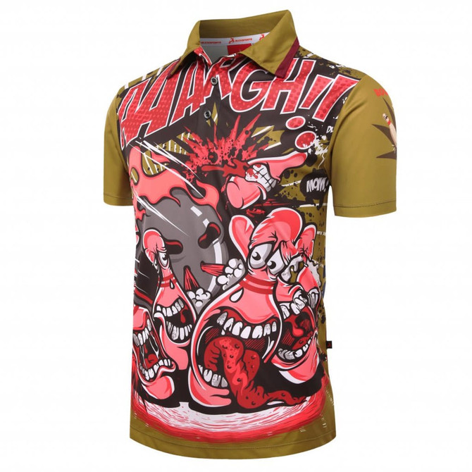 A short-sleeved shirt in olive green featuring vibrant comic-style graphics with red and black accents. It has a logo on it.