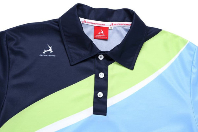 A polo shirt in blue, green, and navy with a branded logo on the chest and a button-up collar.