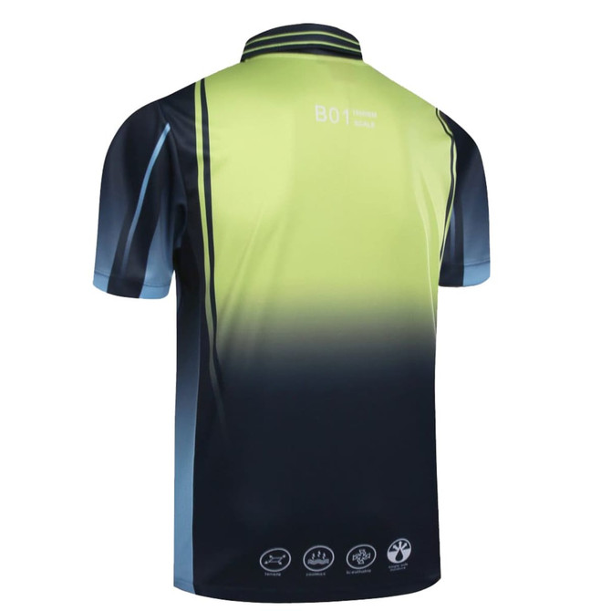 A polo shirt with a gradient design, featuring shades of grey and vibrant green, showcasing a logo on the back.