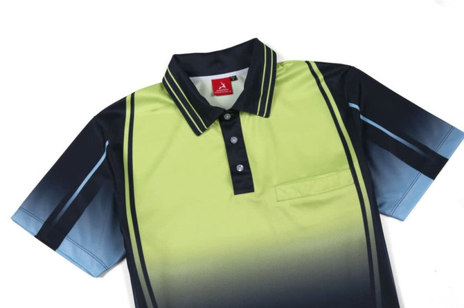 A green and navy polo shirt featuring a chest pocket, button placket, and a logo on the collar.