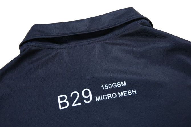 A dark blue polo shirt featuring a collar and printed detailing on the back, with a branding logo.
