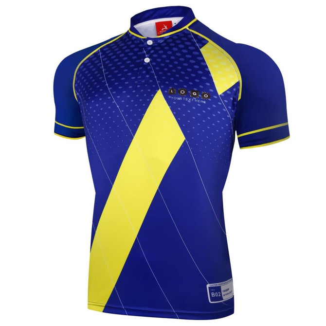 A blue and yellow golf collar polo with a logo, featuring a stylish design and short sleeves.