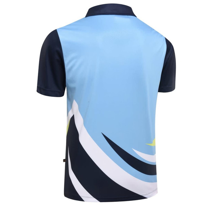 A polo shirt featuring a blue and navy design with dynamic abstract patterns on the back. It has a collar and short sleeves.