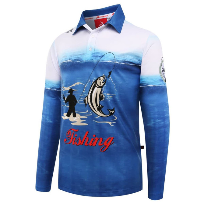 A long-sleeved fishing polo in blue featuring a fish design and a logo on the sleeve.
