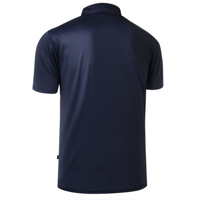 A navy polo shirt with a collar, featuring a simple design and a logo on the back.