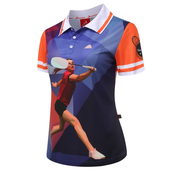 A short-sleeved badminton club uniform featuring a dynamic graphic in red, orange, and navy blue with a collar.