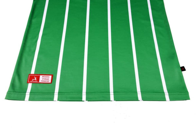 A green badminton club uniform featuring vertical white stripes and a small branding logo.
