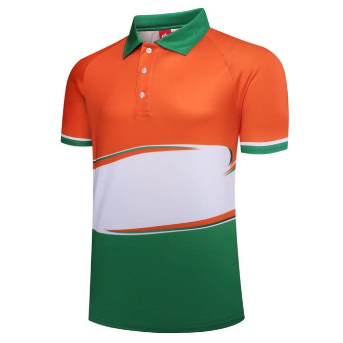 A sporty polo shirt in orange, white, and green with a logo, featuring a classic collar and short sleeves.