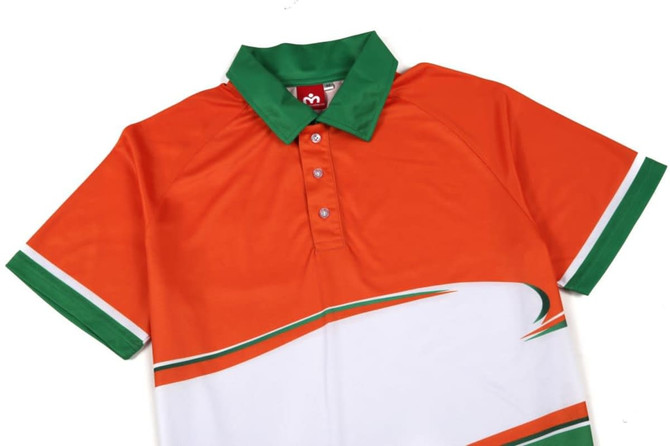 An orange and white sports polo shirt with a green collar and a distinctive design. It features a logo.