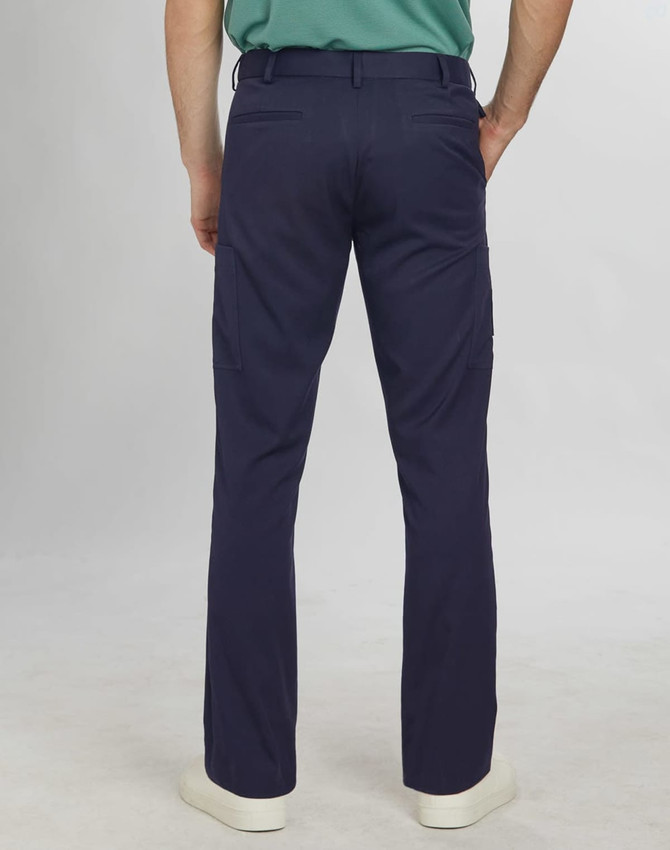 Men's utility cargo pants in navy blue, featuring side pockets and a straight leg design. Includes a logo.