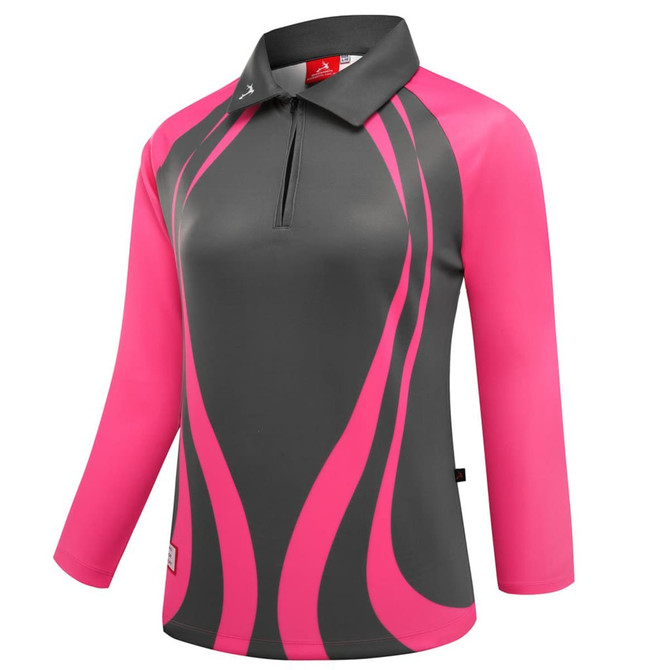 A polo shirt featuring a grey body with pink sleeves and a stylish swirl design. It has a collar and a zipper.