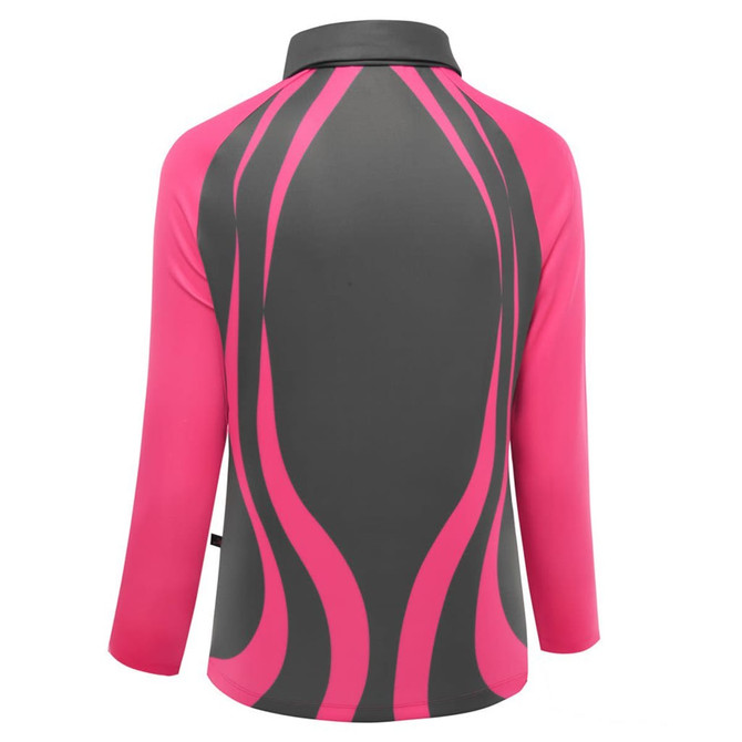 A pink and grey polo shirt featuring a wave-like design and a collared neck. The design is sporty and stylish.