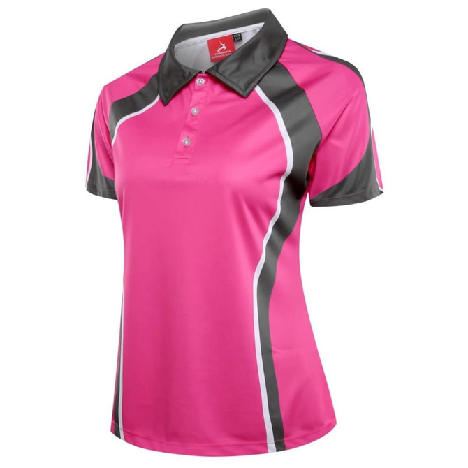 A pink and grey sublimated polo shirt featuring a collar and button placket, with stylish panels and a logo.