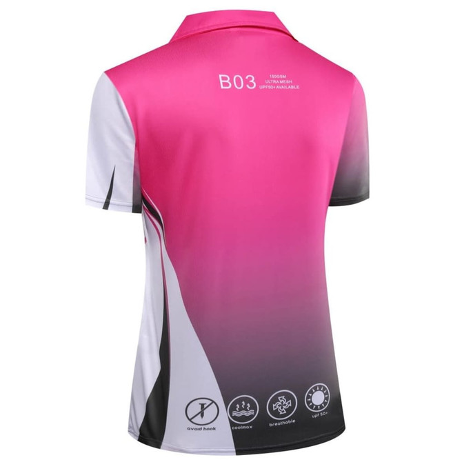 A pink and white polo shirt with gradient design and a logo. Features a collar and short sleeves.