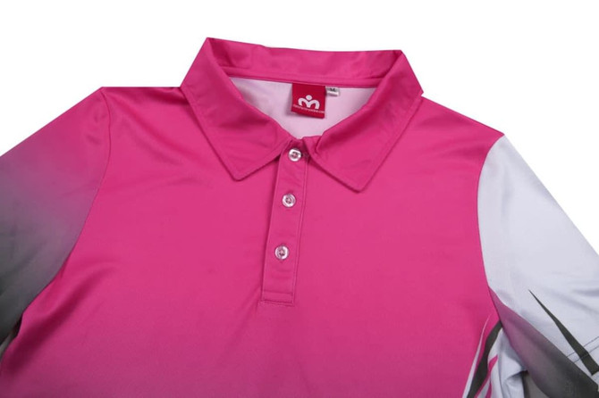 A pink polo shirt featuring a collar, three buttons, and a logo on the neck label. The sleeves are white with grey accents.