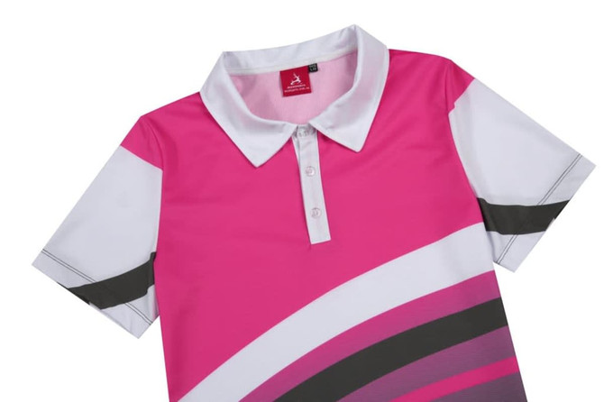 A women's polo shirt in pink with white and grey stripes, featuring a collar and a logo.