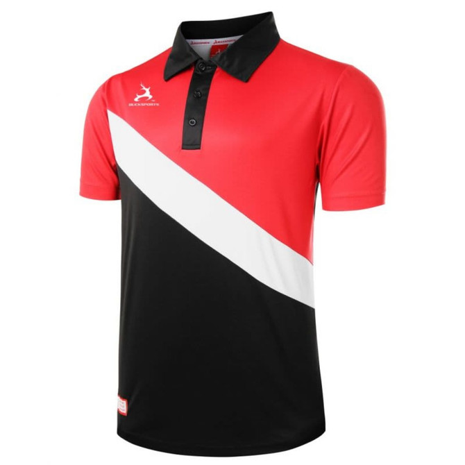 A polo shirt featuring a red, black, and white design with a logo on the chest. Short sleeves and a collar complete the look.