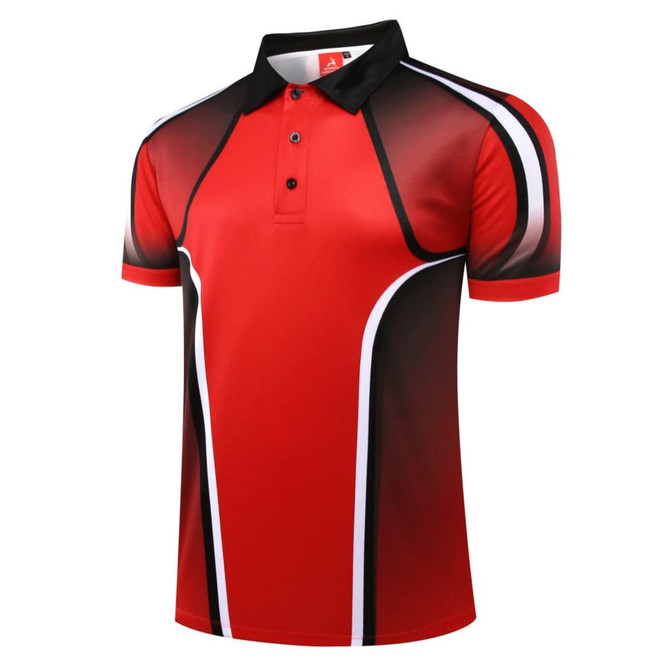 A red and black customised polo shirt with contrasting white accents and a collar. It features a logo on the neck.