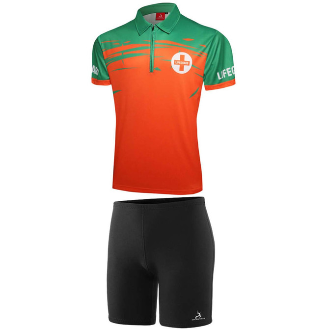A vibrant orange and green quarter zip lifeguard uniform with matching black shorts, featuring a logo.