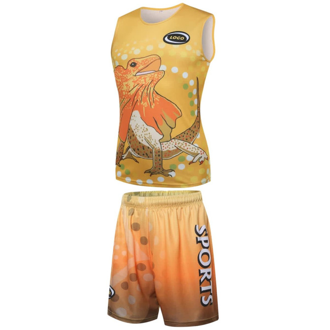 A yellow sports uniform featuring a lizard design, with a sleeveless top and matching shorts. It has a logo present.