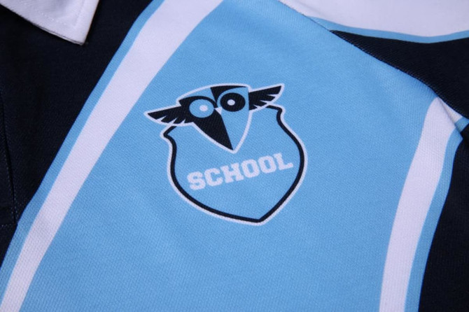 A close-up of a blue and black polo shirt featuring a logo with an owl motif and the word "SCHOOL".
