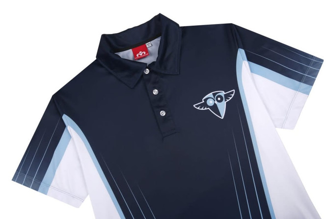 A polo shirt featuring a navy blue and white design with a logo on the chest.