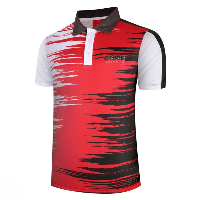 A red and black polo shirt with a dynamic pattern and a contrasting collar. Features a logo on the front.