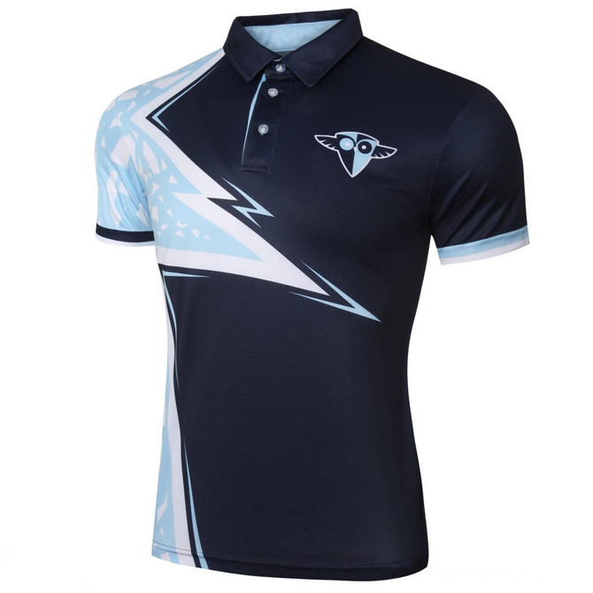 A black and light blue polo shirt with a unique geometric design and a logo.