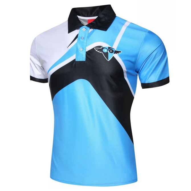 A blue and black polo shirt featuring a geometric design and a logo on the chest.