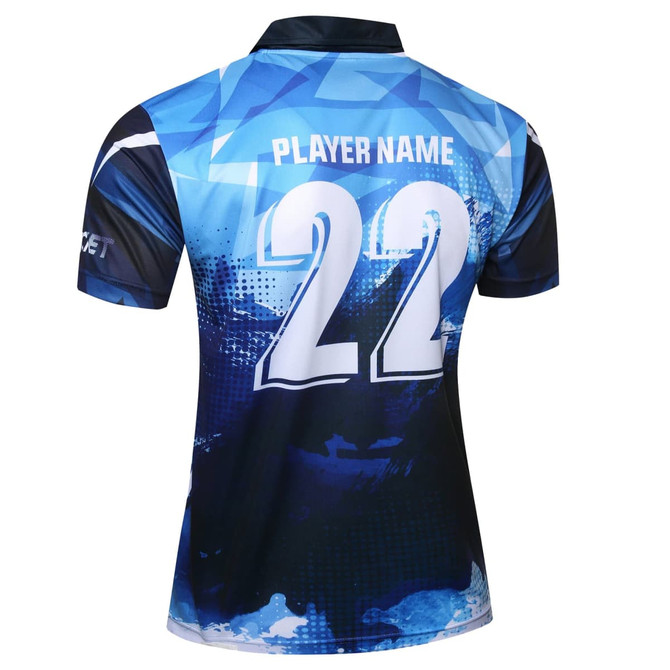 A blue cricket uniform top featuring a graphic design and a number 22 on the back. It includes a logo on the sleeve.