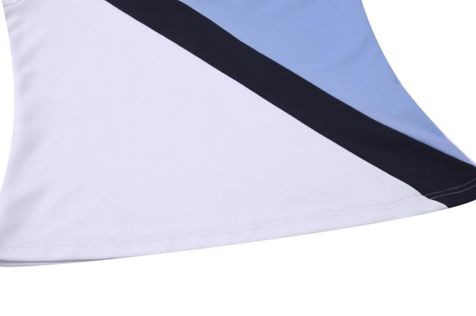 A cotton back polo featuring a blue, white, and black cut-and-sew design. It has a logo prominently displayed.