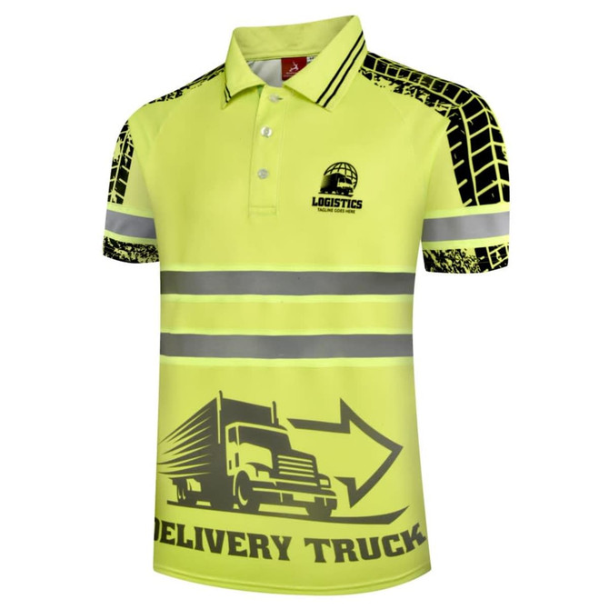 A high-visibility polo shirt in yellow with reflective stripes and a graphic design featuring a truck.
