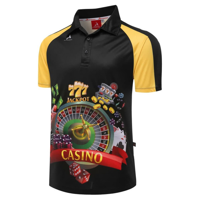 A black and yellow polo shirt featuring a vibrant casino-themed graphic and a logo.