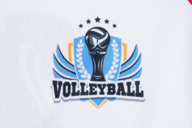A volleyball uniform featuring a blue and black logo with a trophy and wings on a white background.