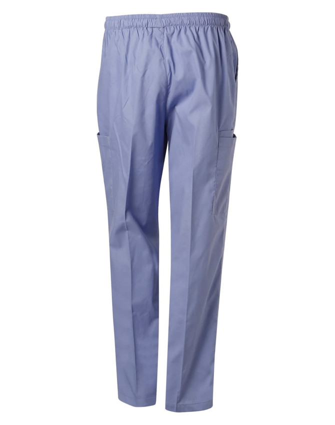 Unisex scrub pants in a light blue colour, featuring an elastic waistband and side pockets.