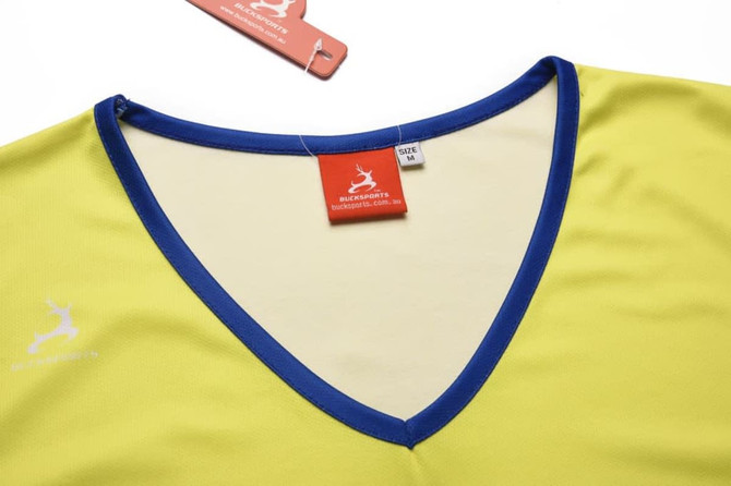 A yellow sports singlet with a blue neckline, featuring a logo and a tag indicating size M.