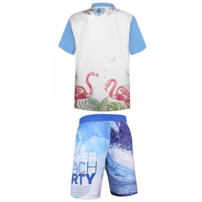 A women's running suit featuring a light blue top with a floral design and pink flamingos, paired with blue shorts.