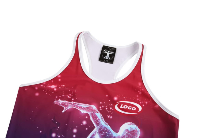 A women’s singlet in a gradient of red and white, featuring a logo, with a racerback design.
