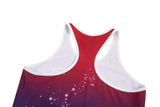 A women’s running suit in shades of red and purple, featuring a racerback design and a logo.
