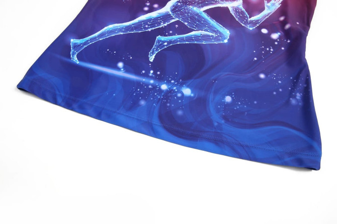 A vibrant blue and purple running suit featuring a digital graphic of a runner in motion and a logo.