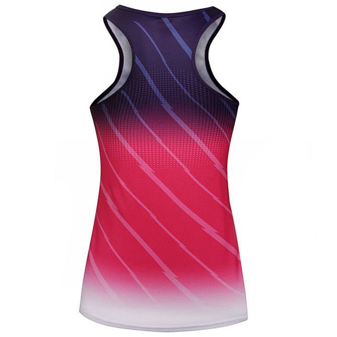 A sleeveless women's vest featuring a gradient design in purple, pink, and white, with a branded logo.