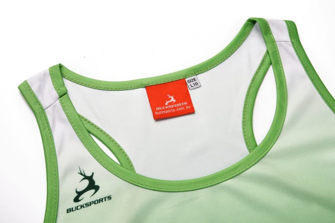 A green racer back singlet featuring a logo and contrasting white accents. It has a size label sewn into the neckline.